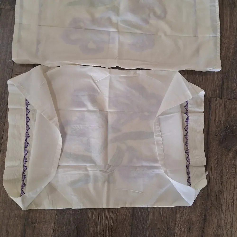 Vintage hand embroidered standard pillow case set of 2 purple flowers